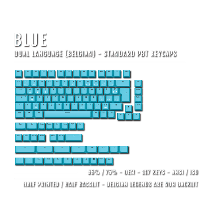 Blue Belgian (ISO-BE) Dual Language PBT Keycaps - 65/75% Krome Keycaps LTD belgian