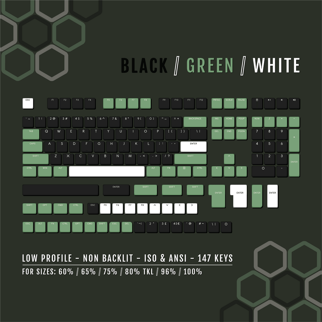 Black/Green/White US & UK Low Profile PBT Keycaps Krome Keycaps LTD Non Backlit Low Profile