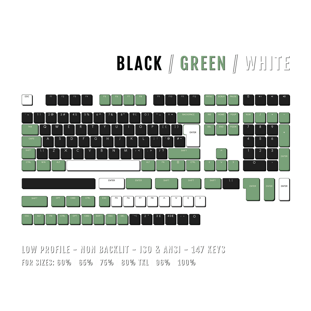 Black/Green/White US & UK Low Profile PBT Keycaps Krome Keycaps LTD Non Backlit Low Profile