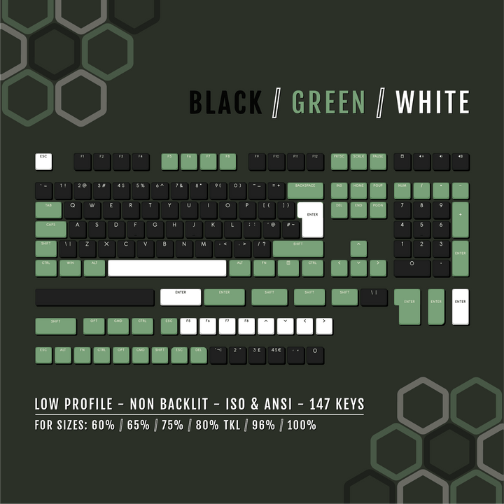 Black/Green/White US & UK Low Profile PBT Keycaps Krome Keycaps LTD Non Backlit Low Profile