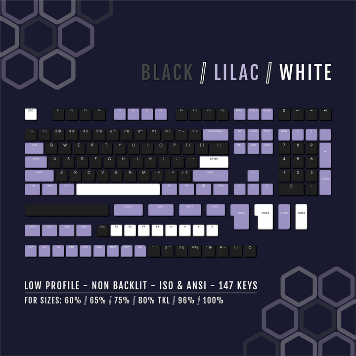 Black/Lilac/White US & UK Low Profile PBT Keycaps Krome Keycaps LTD Non Backlit Low Profile