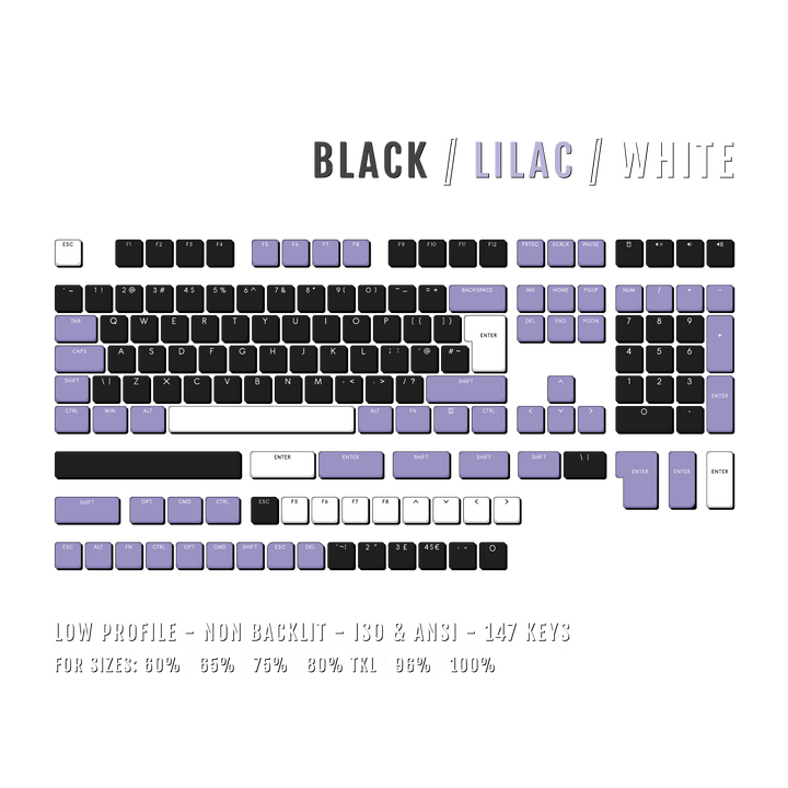 Black/Lilac/White US & UK Low Profile PBT Keycaps Krome Keycaps LTD Non Backlit Low Profile