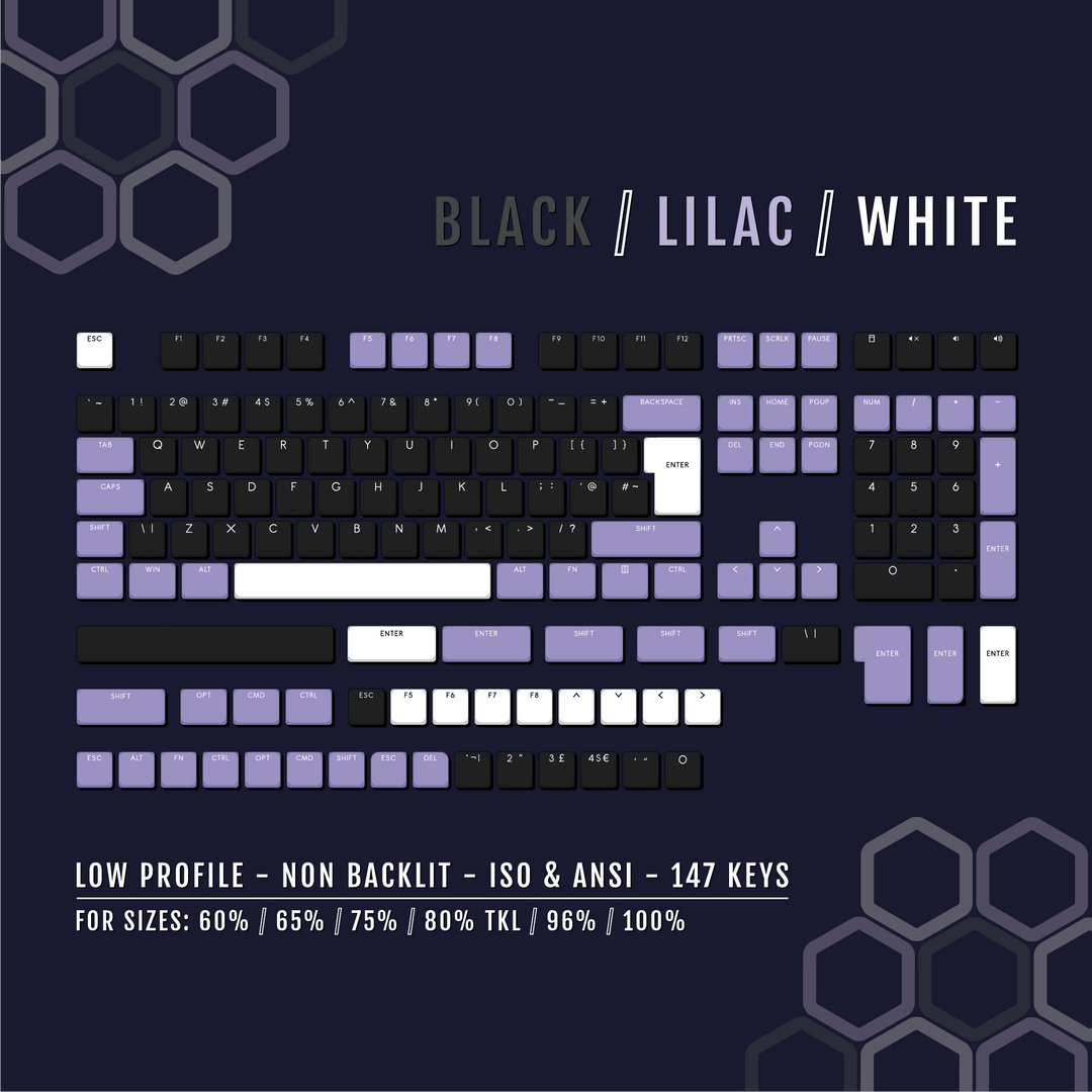 Black/Lilac/White US & UK Low Profile PBT Keycaps Krome Keycaps LTD Non Backlit Low Profile