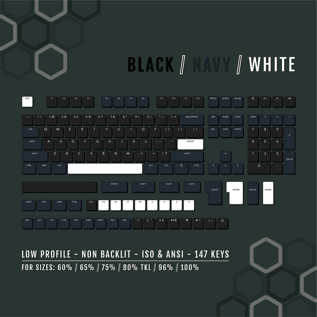 Black/Navy/White US & UK Low Profile PBT Keycaps Krome Keycaps LTD Non Backlit Low Profile