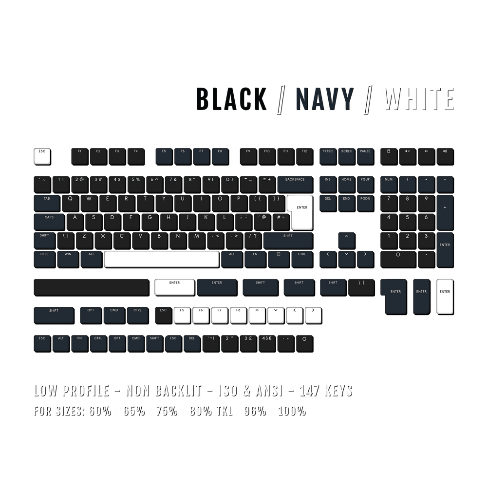 Black/Navy/White US & UK Low Profile PBT Keycaps Krome Keycaps LTD Non Backlit Low Profile