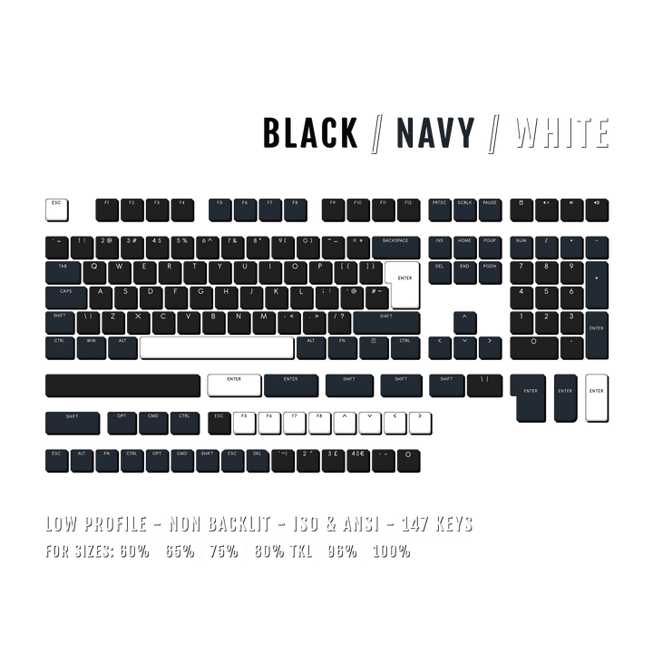 Black/Navy/White US & UK Low Profile PBT Keycaps Krome Keycaps LTD Non Backlit Low Profile