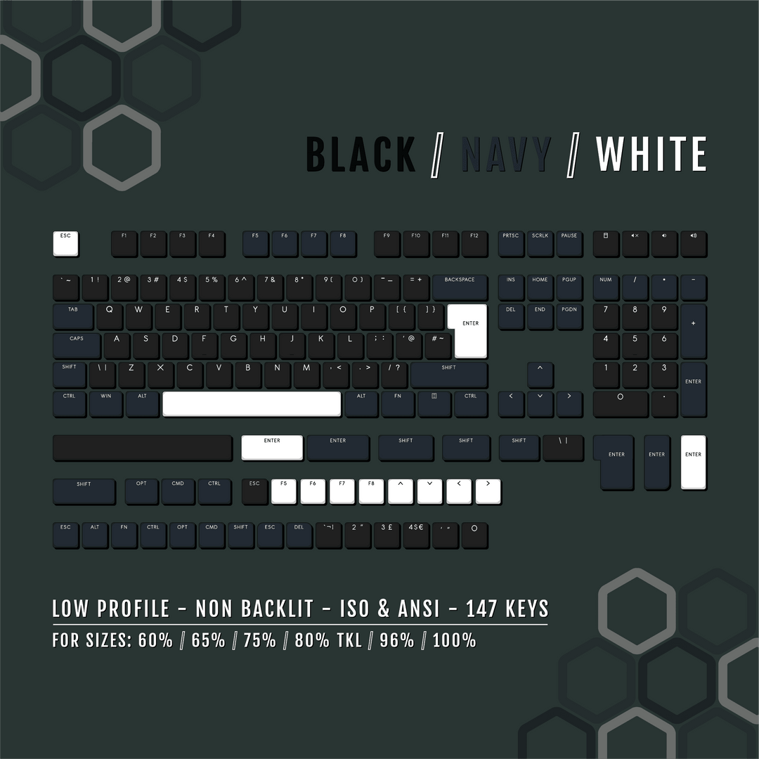 Black/Navy/White US & UK Low Profile PBT Keycaps Krome Keycaps LTD Non Backlit Low Profile