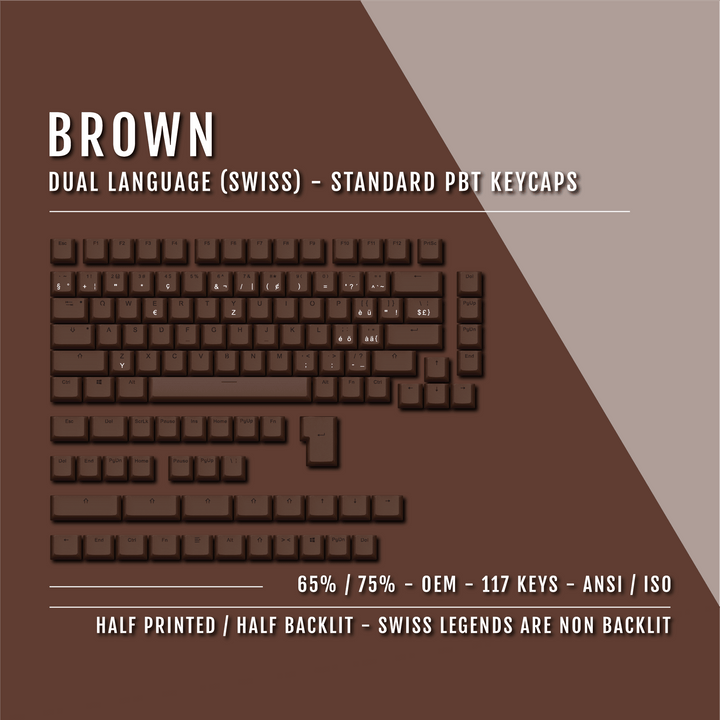 Brown PBT Swiss Keycaps - ISO-CH - 65/75% Sizes - Dual Language Keycaps - kromekeycaps