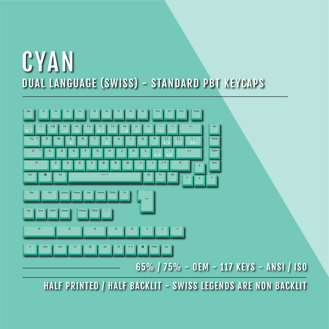 Cyan PBT Swiss Keycaps - ISO-CH - 65/75% Sizes - Dual Language Keycaps - kromekeycaps