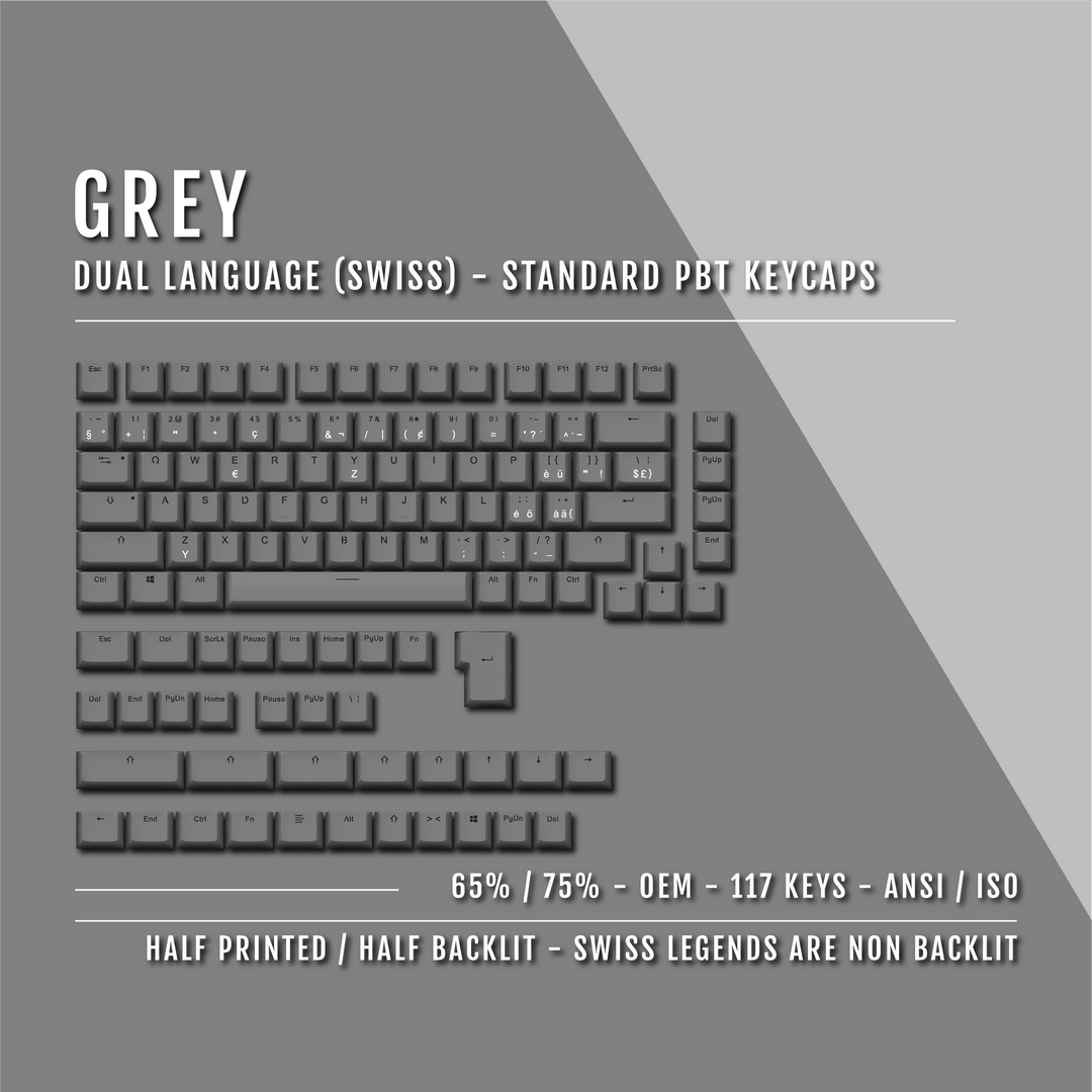 Grey Swiss (ISO-CH) Dual Language PBT Keycaps - 65/75% Krome Keycaps LTD swiss