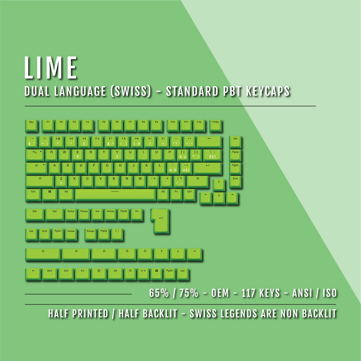 Lime Swiss (ISO-CH) Dual Language PBT Keycaps - 65/75% Krome Keycaps LTD swiss