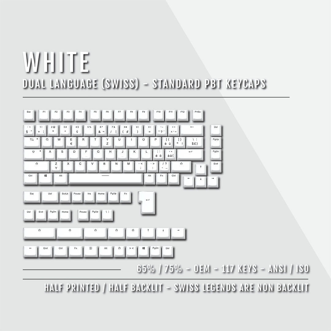 White Swiss (ISO-CH) Dual Language PBT Keycaps - 65/75% Krome Keycaps LTD swiss