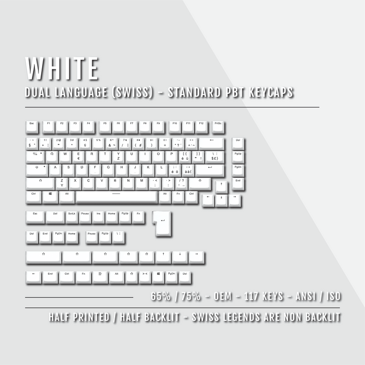 White PBT Swiss Keycaps - ISO-CH - 65/75% Sizes - Dual Language Keycaps - kromekeycaps