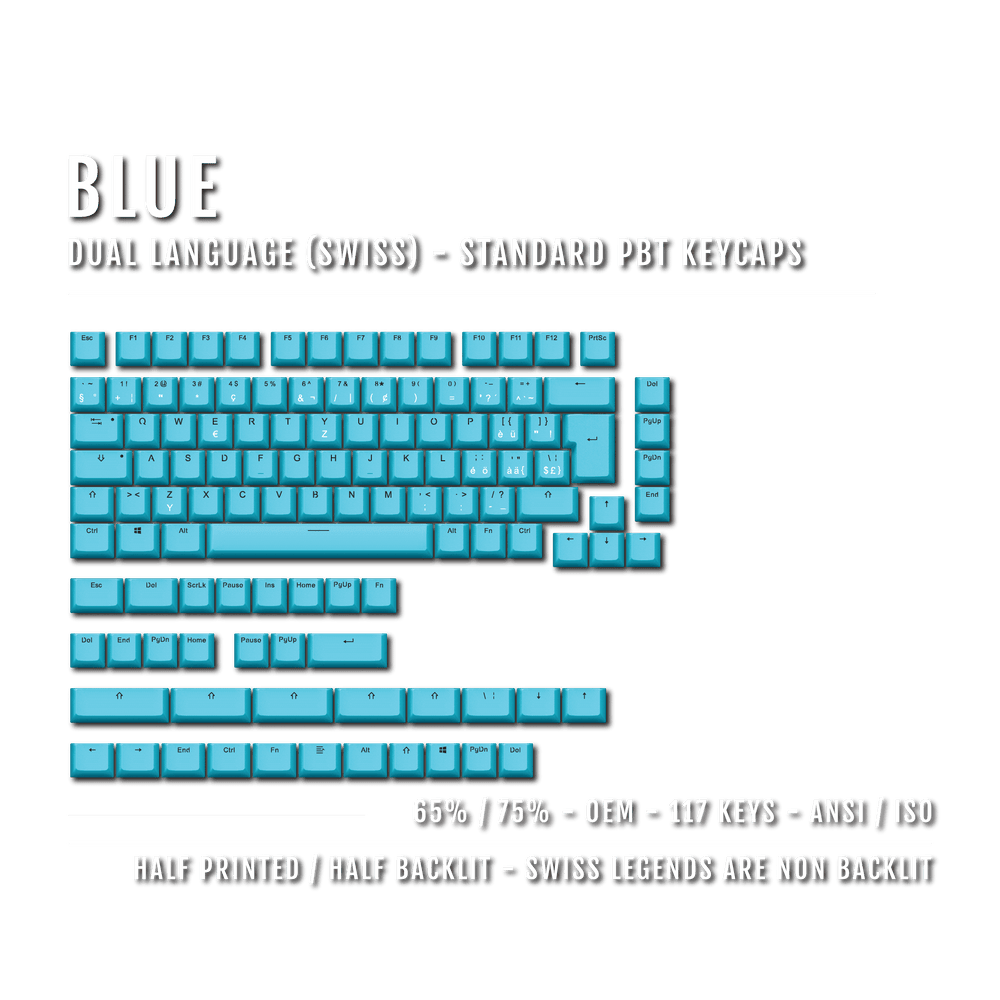 Blue Swiss (ISO-CH) Dual Language PBT Keycaps - 65/75% Krome Keycaps LTD swiss