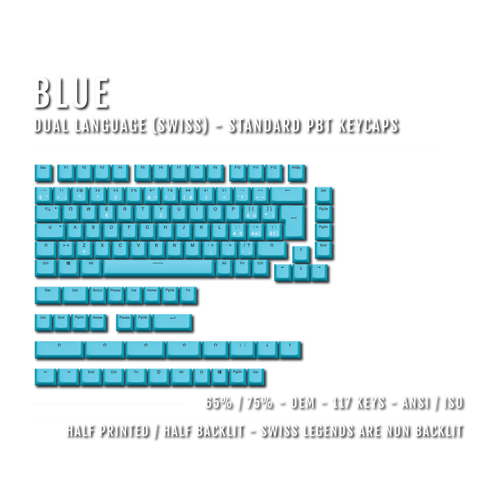 Blue Swiss (ISO-CH) Dual Language PBT Keycaps - 65/75% Krome Keycaps LTD swiss