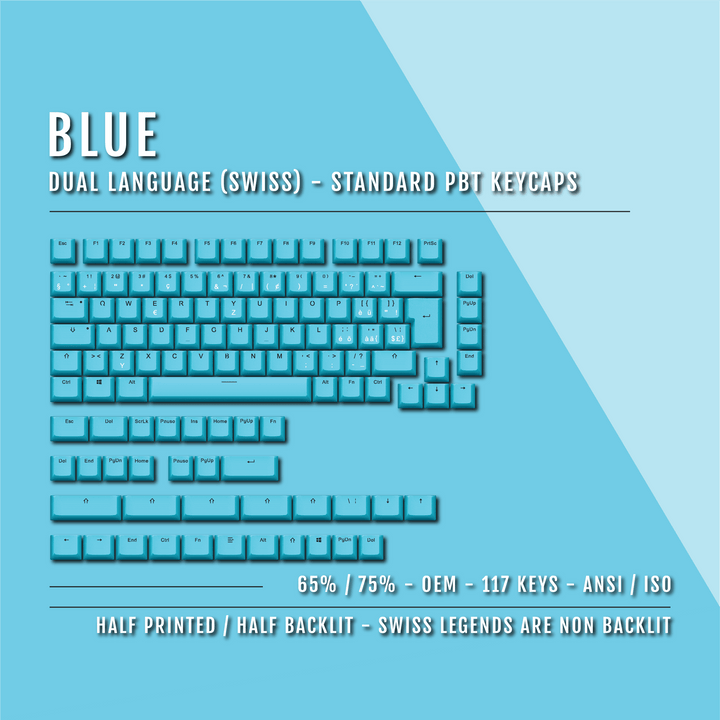 Blue Swiss (ISO-CH) Dual Language PBT Keycaps - 65/75% Krome Keycaps LTD swiss