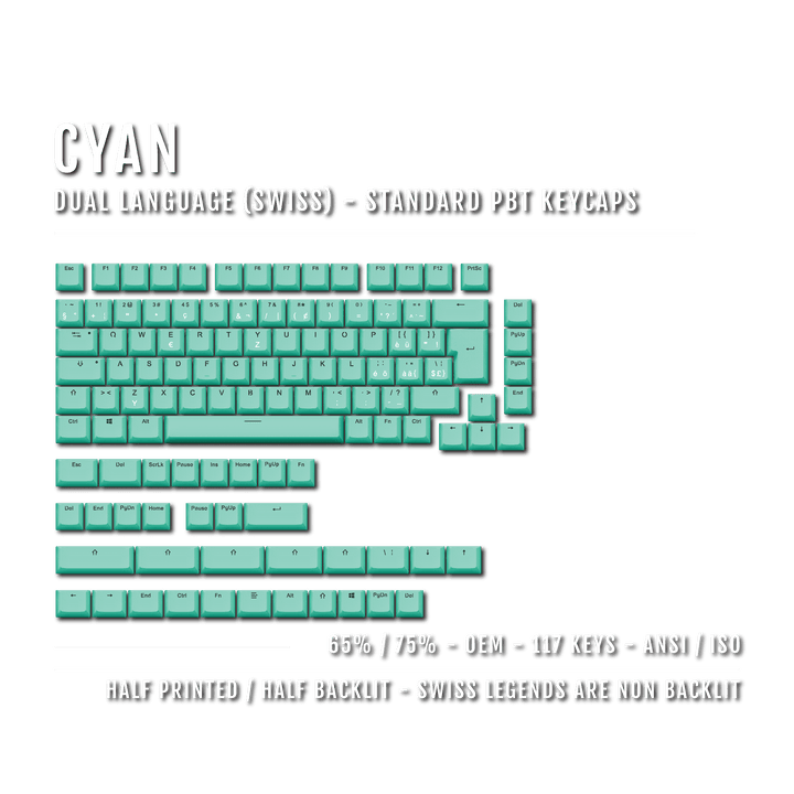 Cyan PBT Swiss Keycaps - ISO-CH - 65/75% Sizes - Dual Language Keycaps - kromekeycaps