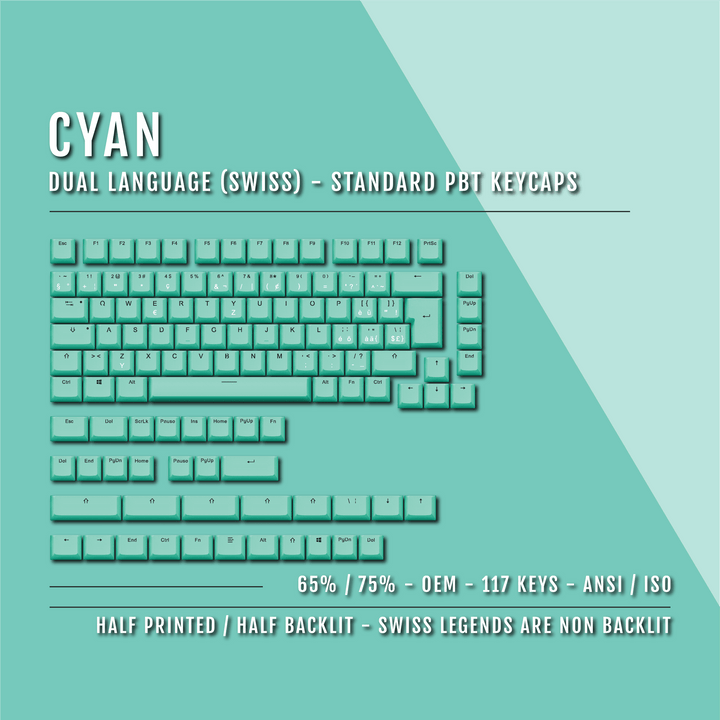 Cyan PBT Swiss Keycaps - ISO-CH - 65/75% Sizes - Dual Language Keycaps - kromekeycaps