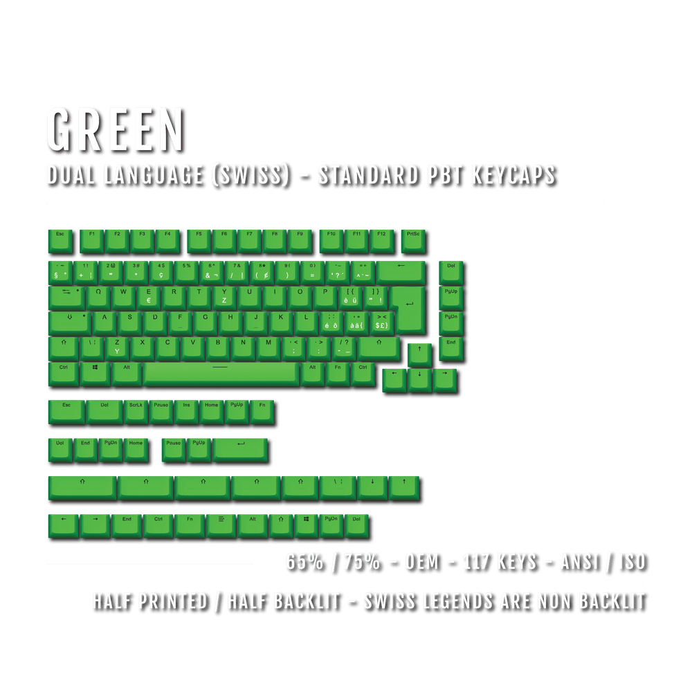 Green Swiss (ISO-CH) Dual Language PBT Keycaps - 65/75% Krome Keycaps LTD swiss