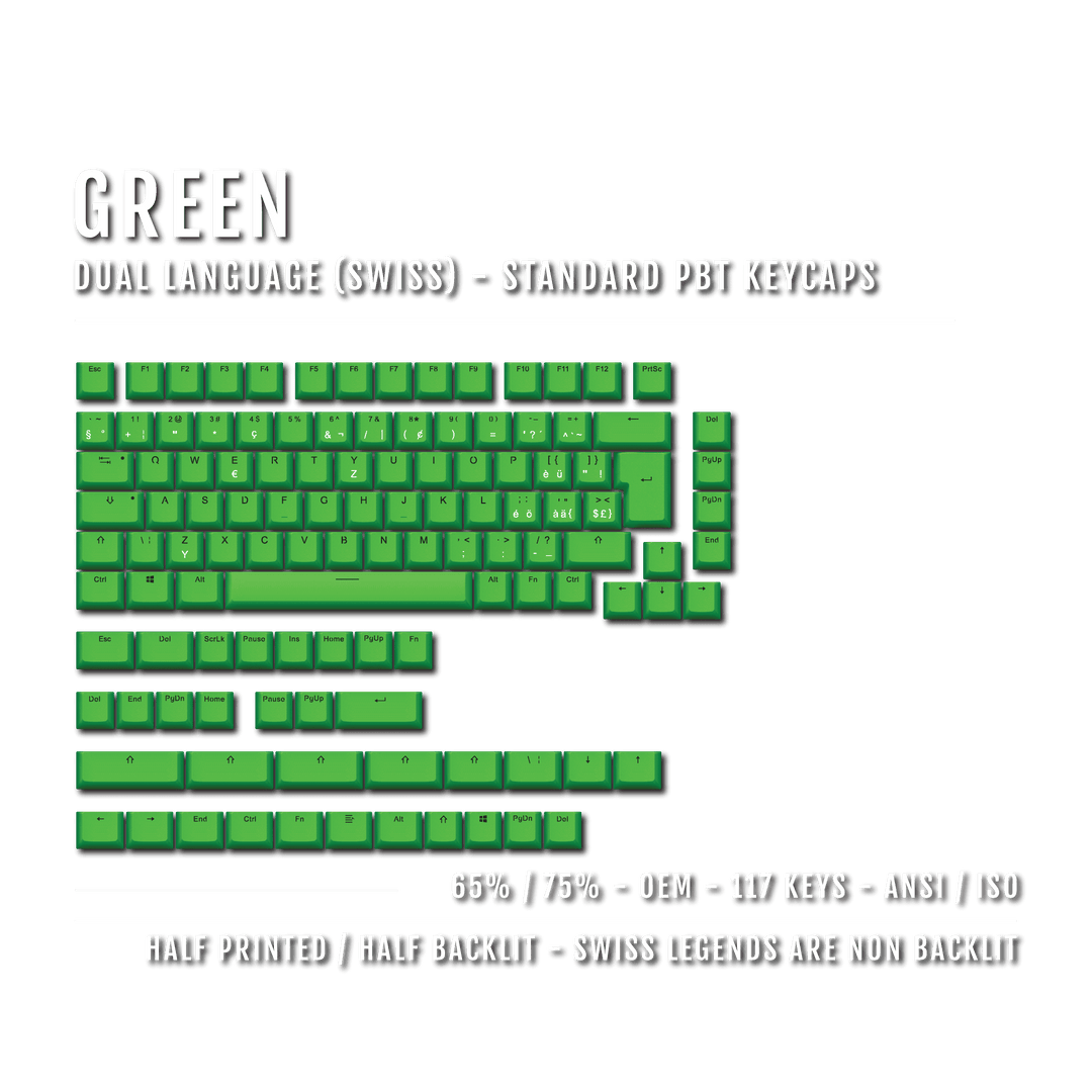 Green PBT Swiss Keycaps - ISO-CH - 65/75% Sizes - Dual Language Keycaps - kromekeycaps