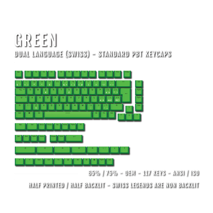 Green PBT Swiss Keycaps - ISO-CH - 65/75% Sizes - Dual Language Keycaps - kromekeycaps