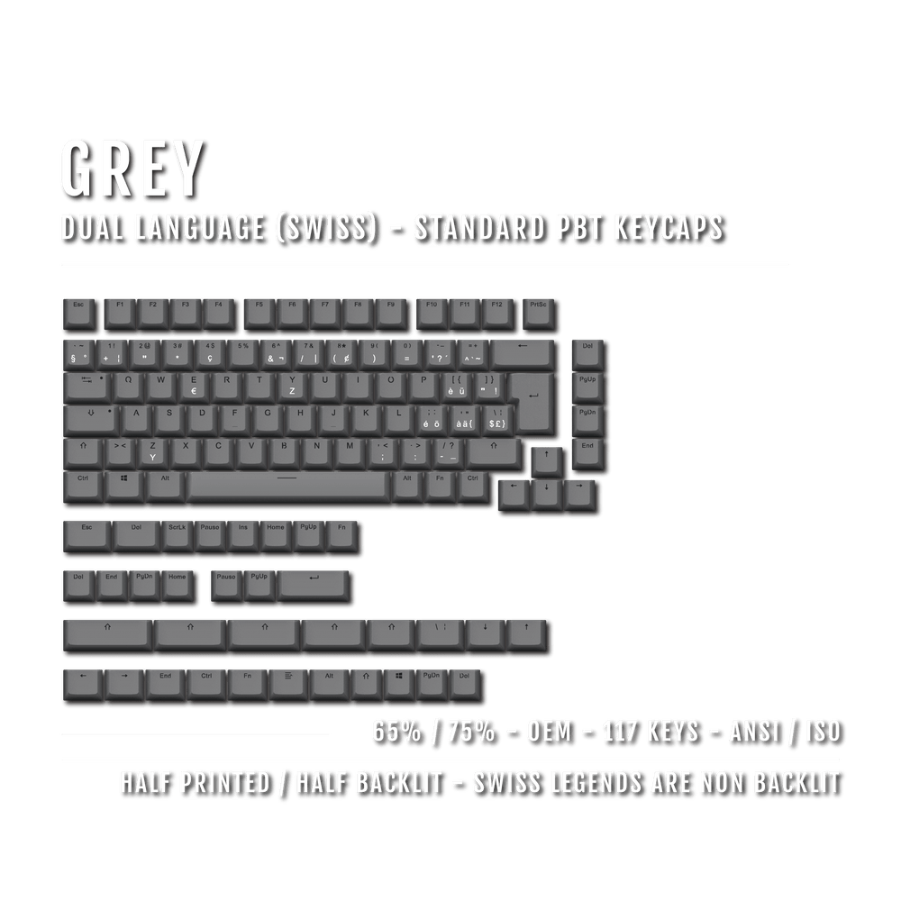 Grey Swiss (ISO-CH) Dual Language PBT Keycaps - 65/75% Krome Keycaps LTD swiss