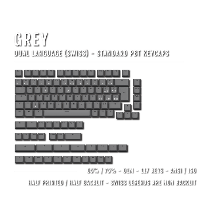 Grey Swiss (ISO-CH) Dual Language PBT Keycaps - 65/75% Krome Keycaps LTD swiss