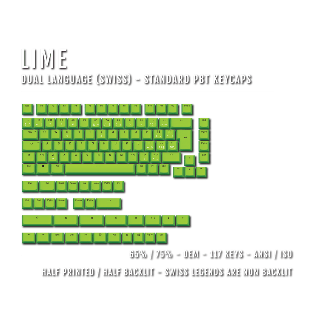 Lime Swiss (ISO-CH) Dual Language PBT Keycaps - 65/75% Krome Keycaps LTD swiss