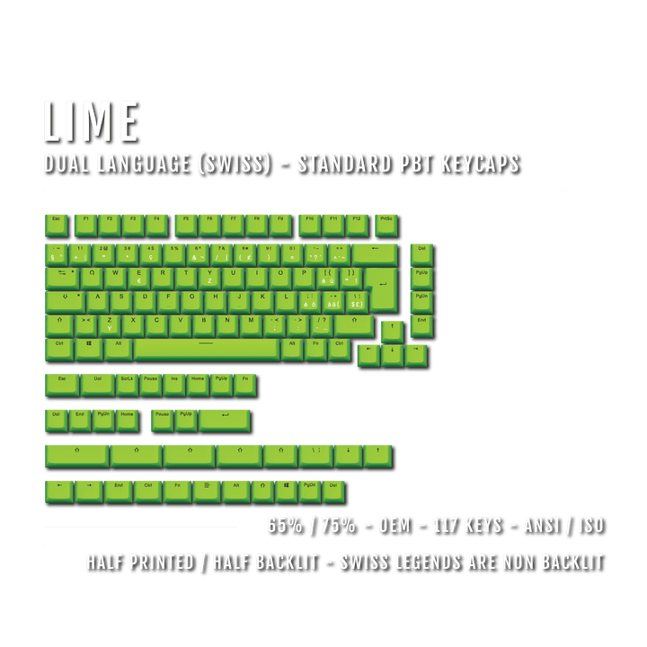 Lime Swiss (ISO-CH) Dual Language PBT Keycaps - 65/75% Krome Keycaps LTD swiss