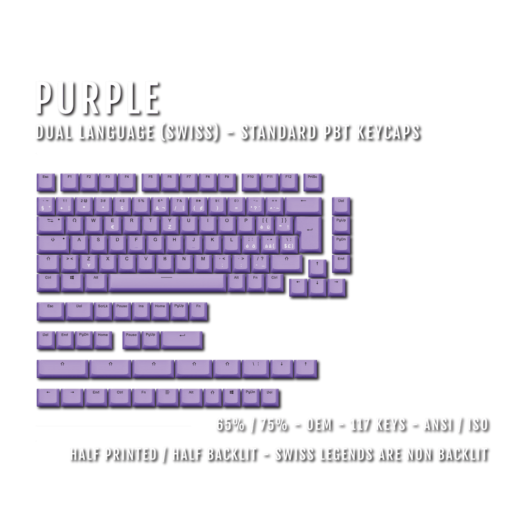 Purple PBT Swiss Keycaps - ISO-CH - 65/75% Sizes - Dual Language Keycaps - kromekeycaps