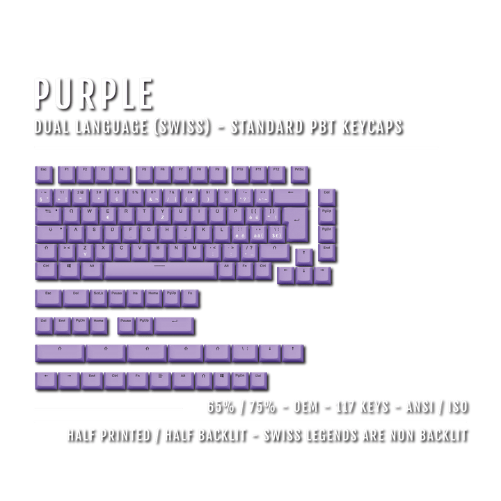 Purple PBT Swiss Keycaps - ISO-CH - 65/75% Sizes - Dual Language Keycaps - kromekeycaps
