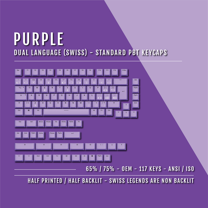 Purple PBT Swiss Keycaps - ISO-CH - 65/75% Sizes - Dual Language Keycaps - kromekeycaps