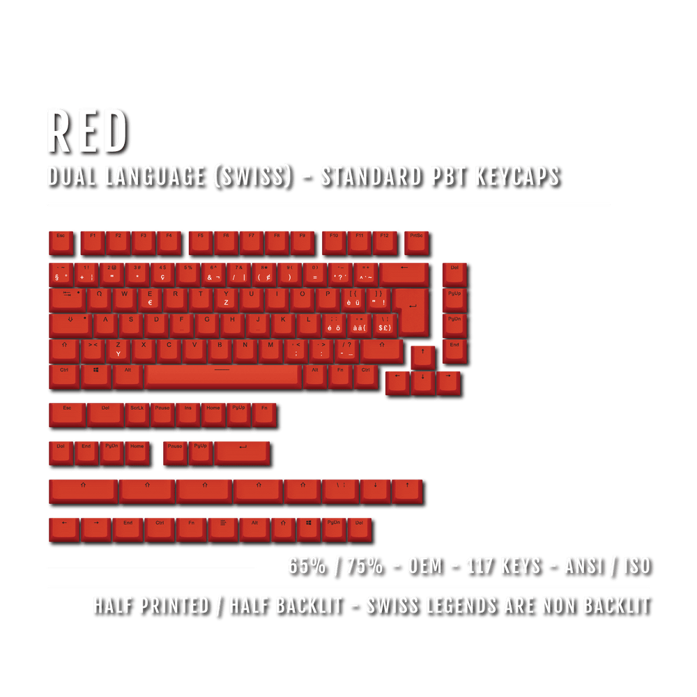 Red Swiss (ISO-CH) Dual Language PBT Keycaps - 65/75% Krome Keycaps LTD swiss