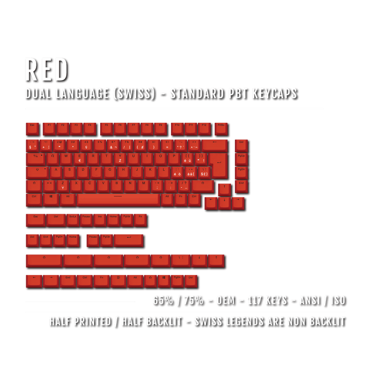 Red PBT Swiss Keycaps - ISO-CH - 65/75% Sizes - Dual Language Keycaps - kromekeycaps