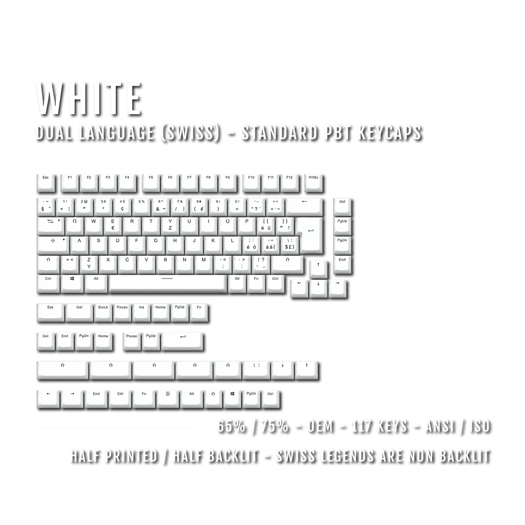 White PBT Swiss Keycaps - ISO-CH - 65/75% Sizes - Dual Language Keycaps - kromekeycaps