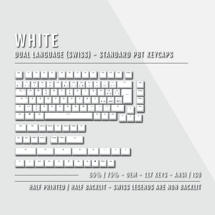 White Swiss (ISO-CH) Dual Language PBT Keycaps - 65/75% Krome Keycaps LTD swiss