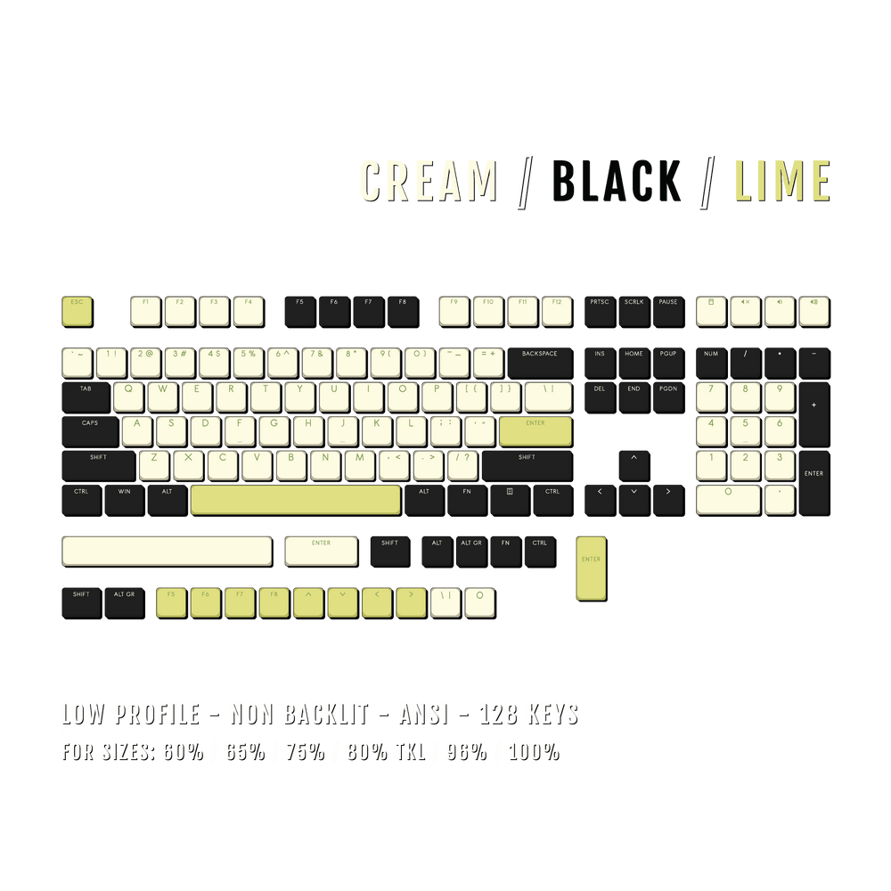 Cream/Black/Lime Low Profile PBT Keycaps Krome Keycaps LTD Non Backlit Low Profile