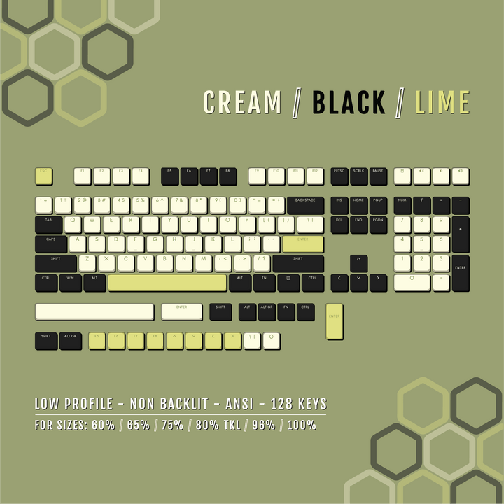 Cream/Black/Lime Low Profile PBT Keycaps Krome Keycaps LTD Non Backlit Low Profile