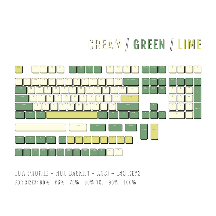 Cream/Green/Lime Low Profile PBT Keycaps Krome Keycaps LTD Non Backlit Low Profile