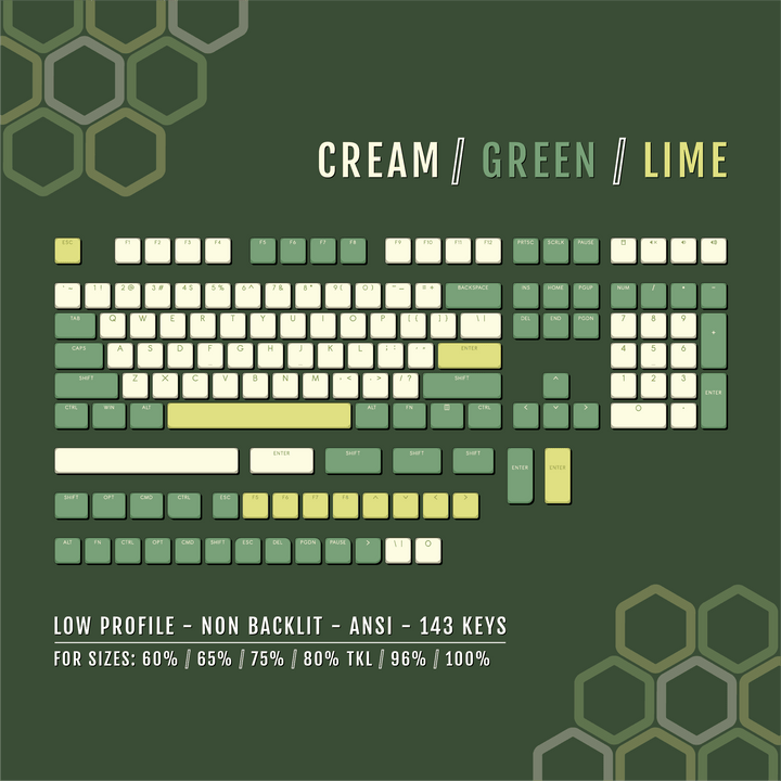 Cream/Green/Lime Low Profile PBT Keycaps Krome Keycaps LTD Non Backlit Low Profile