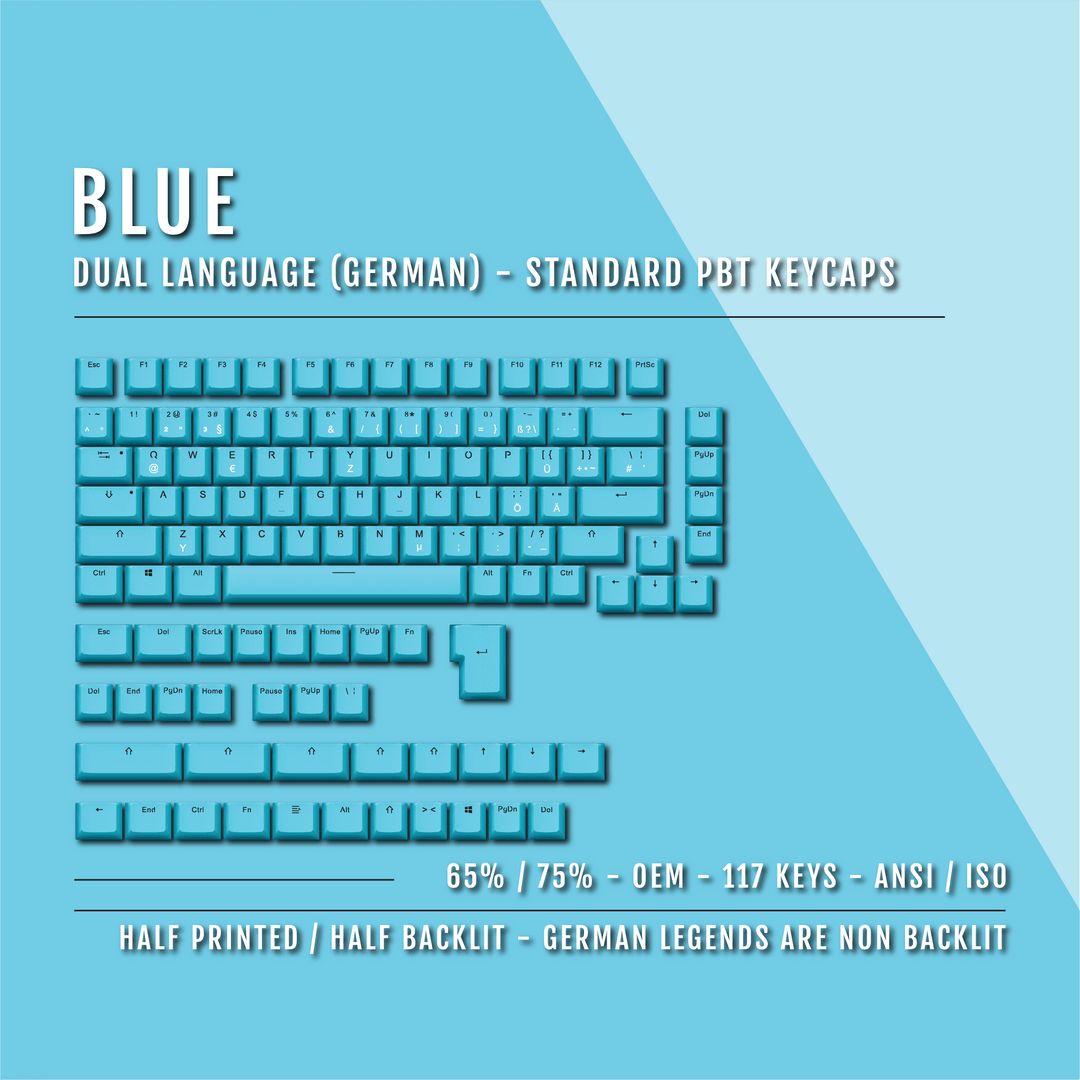 Blue German (ISO-DE) Dual Language PBT Keycaps - 65/75% Krome Keycaps LTD german