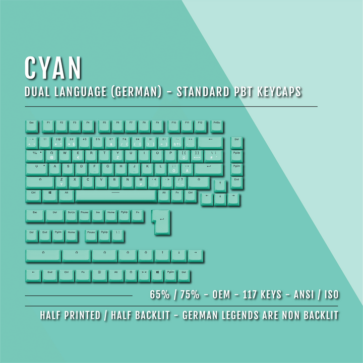 Cyan German (ISO-DE) Dual Language PBT Keycaps - 65/75% Krome Keycaps LTD german