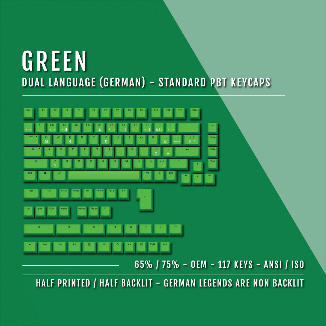 Green PBT German Keycaps - ISO-DE - 65/75% Sizes - Dual Language Keycaps - kromekeycaps