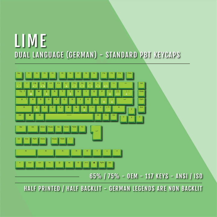 Lime German (ISO-DE) Dual Language PBT Keycaps - 65/75% Krome Keycaps LTD german