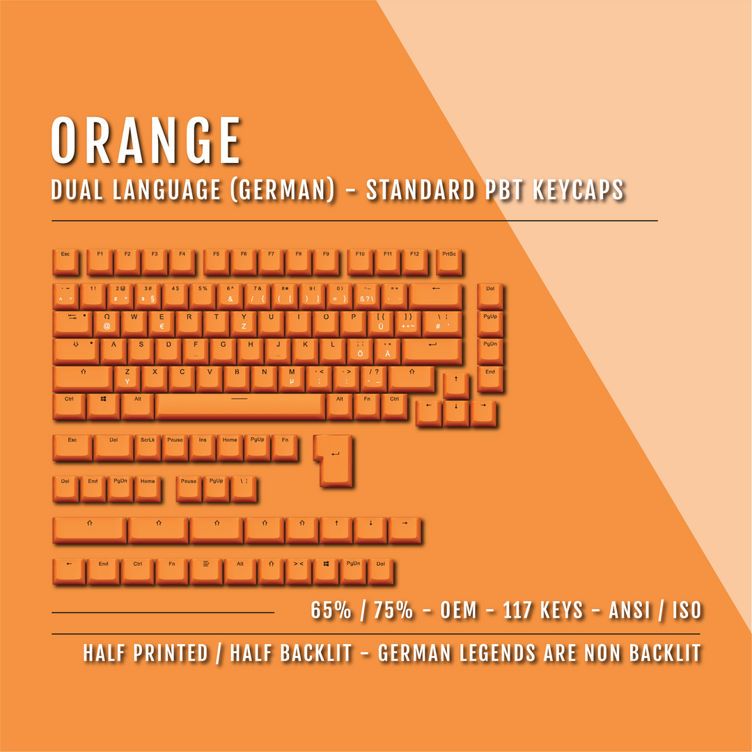 Orange German (ISO-DE) Dual Language PBT Keycaps - 65/75% Krome Keycaps LTD german