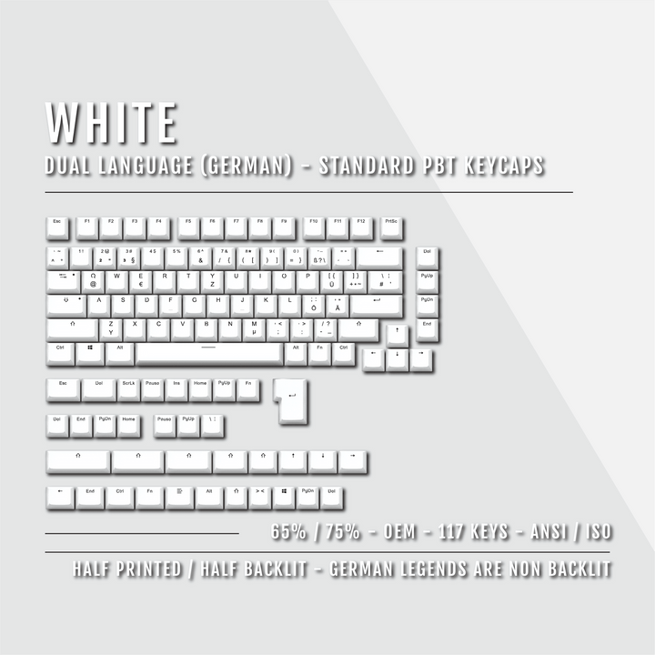 White PBT German Keycaps - ISO-DE - 65/75% Sizes - Dual Language Keycaps - kromekeycaps