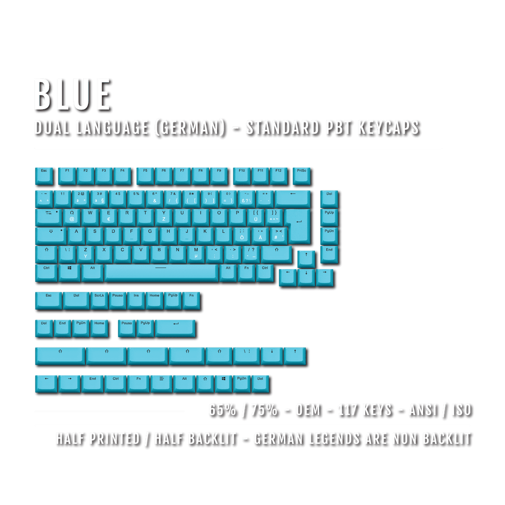 Blue German (ISO-DE) Dual Language PBT Keycaps - 65/75% Krome Keycaps LTD german