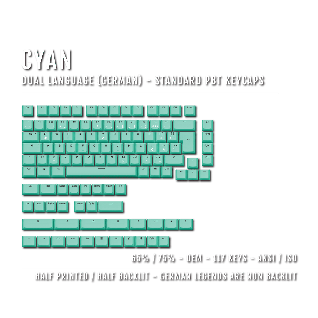 Cyan German (ISO-DE) Dual Language PBT Keycaps - 65/75% Krome Keycaps LTD german