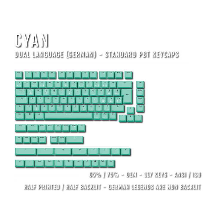 Cyan German (ISO-DE) Dual Language PBT Keycaps - 65/75% Krome Keycaps LTD german