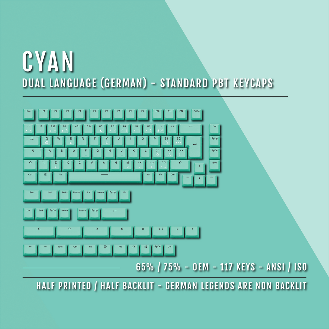 Cyan German (ISO-DE) Dual Language PBT Keycaps - 65/75% Krome Keycaps LTD german